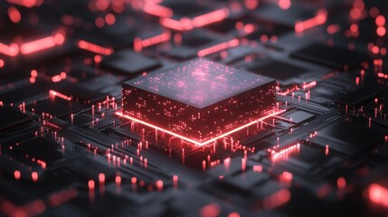 Fototapete - Futuristic microchip design with red glowing lights and circuit elements