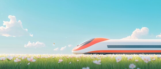 Aufkleber - 鮮やかな夏空の下を走る赤い高速列車 草原の花畑と未来的なデザインが融合した夢のような風景