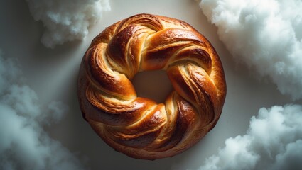 Poster - Closeup of a round loaf of bread with crust, on a white background, perfect for breakfast or snack.