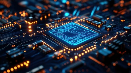 Fototapete - High resolution close up of circuit board with led lights and modern technology