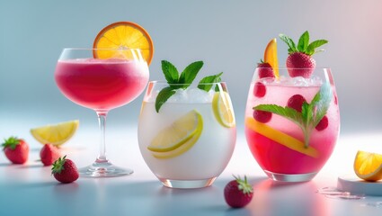 Aufkleber - Frosty white, pink, and red cocktails featuring fresh fruits, berries, and mint