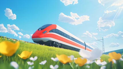 Aufkleber - 鮮やかな青空の下を走る赤い高速列車 緑の草地と花が咲く風景 ドライブ 旅行のコンセプト