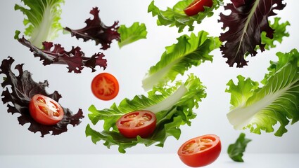 Poster - Salad of leaves with falling rucola, lettuce, radicchio, romano, and tomatoes