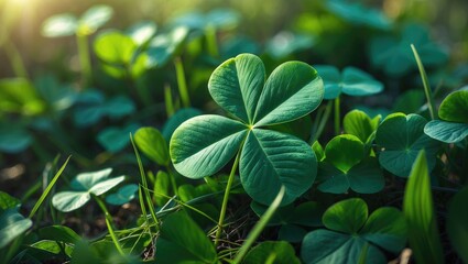 Aufkleber - Detailed view of a shamrock leaf on a green garden backdrop
