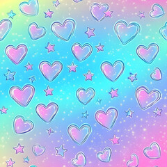 Poster - Pastel hearts and stars pattern on a vibrant gradient background.