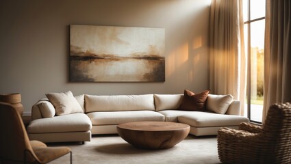 Poster - Contemporary living space with a blurred backdrop, sectional seating, light decor, and soft textures, emphasizing warmth and minimalism.