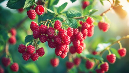 Aufkleber - Fresh red raspberries flourishing in the orchard