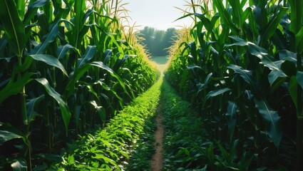 Poster - Expansive farmland of fresh green corn crops reaches into the distance, showcasing healthy stalks and vibrant foliage under a summer sky