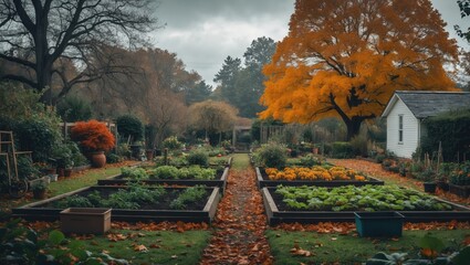 Aufkleber - Fall in the garden with vibrant leaves, ripe fruits, and thriving plants, showcasing organic gardening and agricultural practices in a homestead setting.
