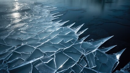 Poster - cracked ice floe drifting in river water
