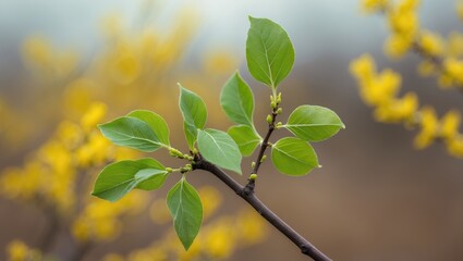 Poster - Yellow forsythia with fresh green leaves on a vivid natural background