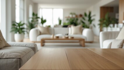 Poster - Stylish living room in white with a wooden tabletop