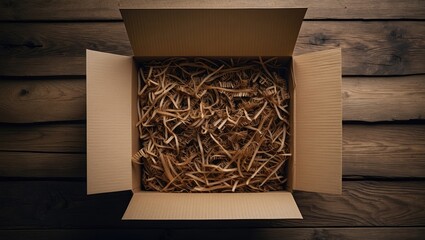 Poster - Flat lay of empty gift box with shredded paper on natural background