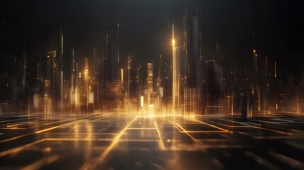 Aufkleber - 黄金色の光沢を放つ抽象的な未来都市景観 夜の背景に輝く高層ビルと道路のデザイン 都市の建築美と技術革新を表現
