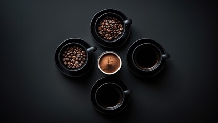 Poster - Black cups and saucers arranged on a dark background, showcasing coffee beans, ground coffee, and black coffee.