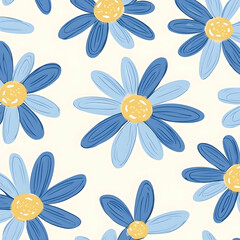 Poster - A repeating pattern of stylized blue and light blue daisies.