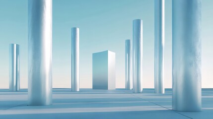 Aufkleber - 淡いブルーの空の下にあるミニマルな円柱とキューブ構造の3Dレンダリングされた抽象的な建築的シーン