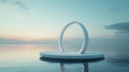 Aufkleber - ミニマルな海の風景 白い幾何学的なリングと水面反射のある瞑想的な眺め