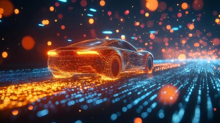 Aufkleber - オレンジと青のピクセルカーが未来的なデジタル道路を高速で走る様子の3Dレンダリングされたイメージ