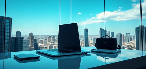 Wall Mural - Sleek laptop open on pristine desk overlooking cityscape, briefcase nearby,  hotel room,  agenda