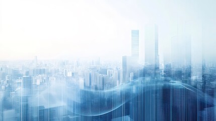 Aufkleber - 薄青色の都市景観 抽象的なデータ構造と未来的なラインを持つビジネス技術背景