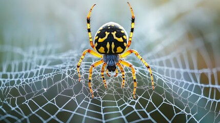A spider with intricate patterns on its body, posed in the center of its web