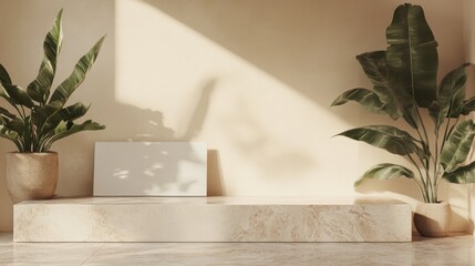Poster - Beige room with plants and blank canvas