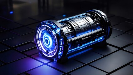 Poster - 詳細な金属製シリンダー 未来的な技術コンテナ 青色の輝きと機械的なコンポーネントを備えた3Dレンダリング 黒い背景に抽象的なデザイン