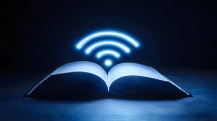 Aufkleber - 青色の光る無線アイコンが特徴的な開かれた本 教育と接続性の概念を示唆