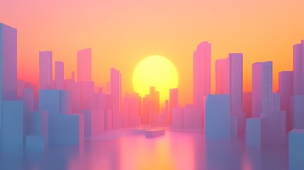 Aufkleber - Cityscape at sunrise, pastel colors, geometric shapes