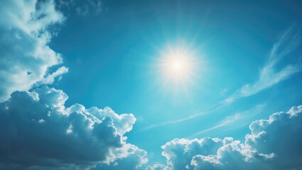 Wall Mural - Vivid summer sky with white clouds and bright sun, creating a picturesque outdoor scene