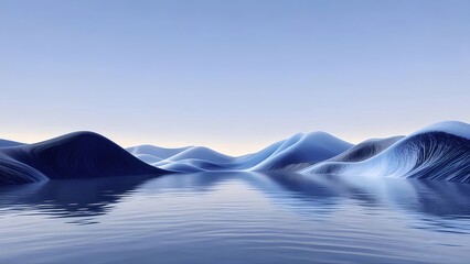 Aufkleber - キューブの地形と穏やかな水面を反射する抽象的な風景が特徴的な穏やかなブルーの背景