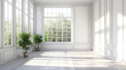 Aufkleber - Empty, sunlit, elegant room with large windows