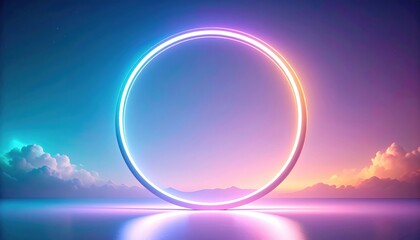 Poster - Illuminated circular portal scenic sunset landscape digital art vibrant environment wide-angle view surreal concept for creative inspiration