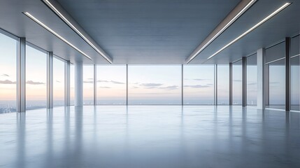Poster - 高層ビル内の広々とした現代的なインテリアからの夕日のパノラマビュー オフィススペース 建築デザインと都市景観の背景