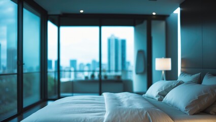Poster - Stylish modern bedroom with large glass panes, bright daylight, and a blurred city skyline backdrop.