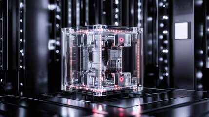 Poster - 光沢のある黒い背景に未来的な透明な立方体技術構造の3Dレンダリングの複雑な電子回路