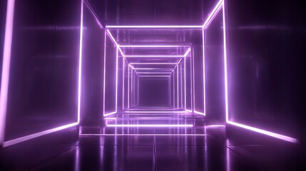 Fototapete - Illuminated endless tunnel with symmetrical neon square frame effect