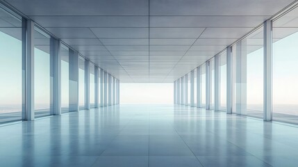 Aufkleber - 明るい青と白の背景にミニマルなデザインを特徴とする柱と構造物の幾何学的構造の現代建築のインテリア