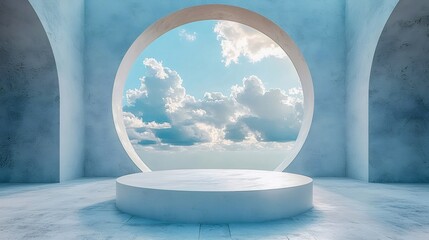Poster - 青い空と白い雲と円形の窓のある白いコンクリート構造物の背景にミニマルなデザイン