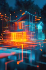 Poster - 青とオレンジのネオンライトで表現された抽象的な家のデザイン 未来的な技術ネットワーク接続と構造を示すデジタル建築のグラフィックアート