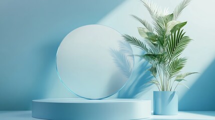 Poster - Light-filled, pastel blue backdrop with a round display, tropical plant, and pedestal