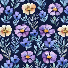 Poster - A repeating pattern of painted flowers and foliage on a dark background.