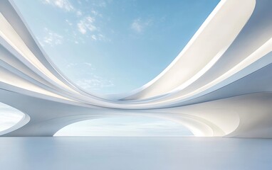 Aufkleber - 曲線的な白い現代建築 抽象的なデザインが青い空を背景に映えるミニマルな幾何学的構造