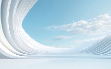 Poster - 青空を背景にした白い曲線的な壁の抽象的な建築デザイン 未来的な構造のミニマルな幾何学的パターン