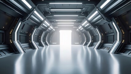 Aufkleber - 未来的な金属通路の内部の眺め クリーンなライン 白色の照明 デザイン要素とモダンな構造を備えたハイテクな構造