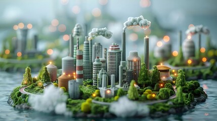 Poster - ミニチュアな産業都市の島と煙突から出る煙 穏やかな水の背景と散在するオレンジ色の光が特徴の鮮やかなピクセルアート 風景