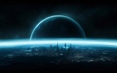Poster - デジタル地球都市景観 青いドームライトと未来的な摩天楼のある都市の宇宙からのパノラマシーン 技術革新とグローバルネットワーク接続を示す抽象的な背景