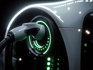 Aufkleber - 未来的な電気自動車充電プラグとグリーンの光のハイライト黒の背景におけるバッテリー接続の技術的な進歩