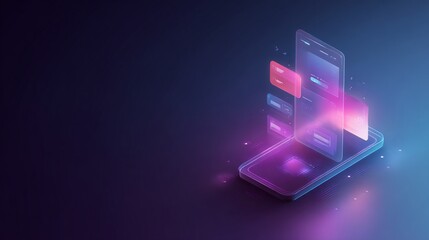Poster - Futuristic Mobile Interface Display with Holographic Elements in Neon Light